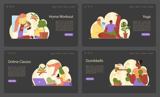 Home Workout set. A diverse collection of activities including yoga, online classes, and weight training. vector