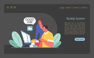 Buddy System concept. Mentor providing positive reinforcement at the workstation. vector
