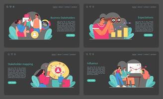 Business stakeholders set. Visualizing stakeholder interaction, expectation analysis, and influence mapping. vector