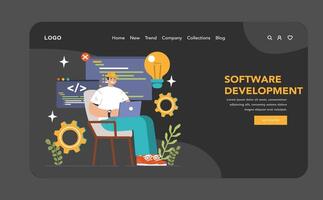 Software development web banner or landing page dark or night mode vector