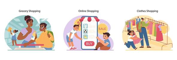 Shopping journey set. Flat vector illustration