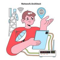 A Network Architect orchestrates the digital backbone of our world, ensuring seamless connectivity with a masterful blend of technology and innovation. vector