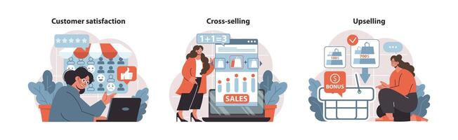 Customer Journey set. Dynamic depictions of customer satisfaction, cross-selling tactics. vector