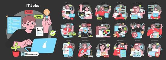 A colorful array of diverse characters represent various IT professions. dark background vector