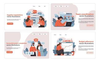 Project Management illustration set. Negotiation, coordination, and successful completion. vector