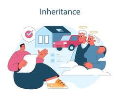 Inheritance. A man reviews estate documents with a visual metaphor of a serene vector