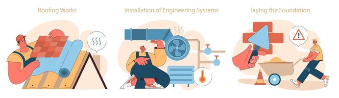 construcción trabajo colocar. artesanos tendido techumbre, instalando Ingenieria sistemas vector