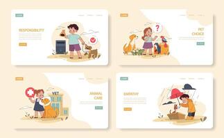 Children and pets web or landing set. Exploring responsibilities and joys vector