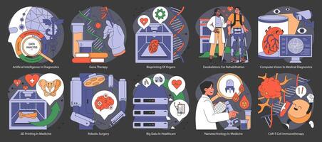 tecnología cuidado de la salud colocar. plano vector ilustración.