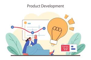 Product Development concept. Woman analyzes growth chart. vector