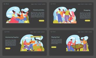 A vibrant set of illustrations showcases friends engaging. Flat vector illustration.