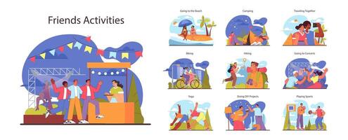 Friends activities set. Varied leisure scenes from beach outings to concerts. vector