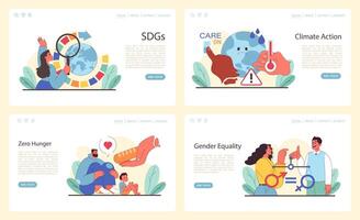 Web layout presenting SDGs, climate action, hunger elimination, and gender equality. vector