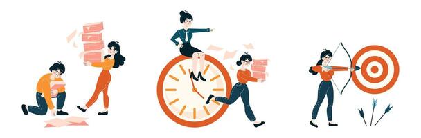 Dynamic business people tackle deadlines, prioritize tasks, aim for targets vector