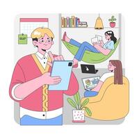 Casual office setting with tech-savvy team. Flat vector illustration