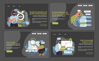 Dynamic CSR solutions set. Illustrating green tech adoption, breakthroughs vector