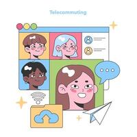 Telecommuting concept with a diverse team engaged in a virtual meeting. Sharing ideas and collaborating from different locations. Flat vector illustration