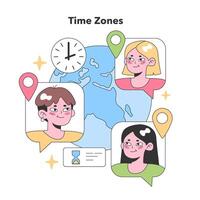 Global teammates interact across time zones. Flat vector illustration