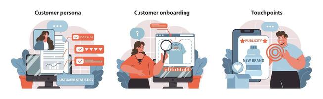 Customer Journey set. Insightful illustrations on persona building, efficient onboarding. vector