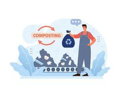 Man proudly showcasing the composting process. Flat vector illustration