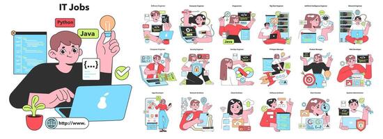 A colorful array of diverse characters represent various IT professions. vector