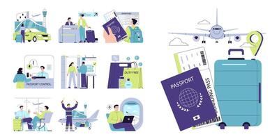 People in the airport set. Characters with a suitcase checking-in on a flight vector