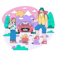 la carretera viaje. joven personas o familia yendo en vacaciones por un coche. vector