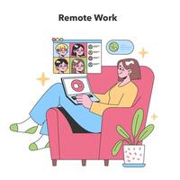 A relaxed telecommuter participates in a virtual team meeting vector