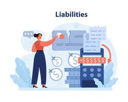 Detail-oriented accountant reviewing liabilities. Woman with a calculator vector