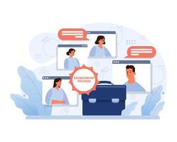 Team collaborates on virtual meetings. Flat vector illustration