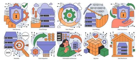 Information management set. Data mining, storage, processing and security vector