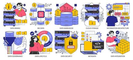 Information management set. Data mining, storage, processing and security vector