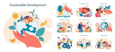 Sustainable development set. Global action for better future, impact on society vector