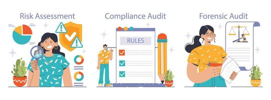 Audit processes set. Flat vector illustration