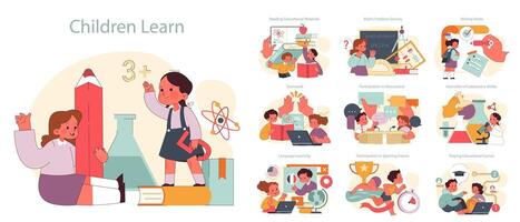 Children learn set. Elementary school classes. Children engaging in studies vector