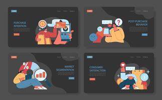 Consumer behavior dark or night mode web or landing set. Purchase journey vector