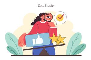 Case Studies concept. Detailed analysis and success stories highlighted through social media metrics vector