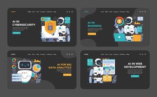 Ai integration dark or night mode web or landing set. Artificial intelligence vector
