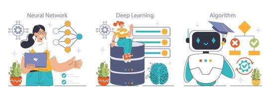 Machine Learning concepts visualized with Neural Network. Flat vector illustration