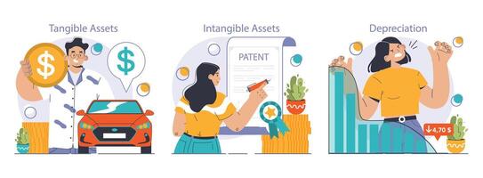 Amortization and depreciation set. Calculating the value for business assets vector