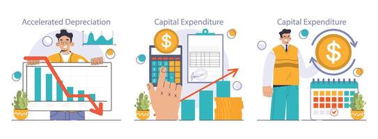 Amortization and depreciation set. Calculating the value for business assets vector