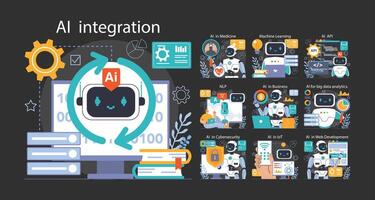 Ai integration dark or night mode set. Artificial intelligence , neural vector