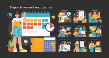 Amortization and depreciation dark or night mode set. Calculating vector