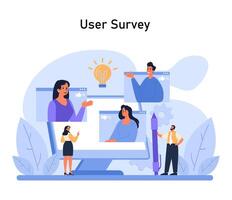 User Survey illustration. Team engages in gathering feedback with digital tools, highlighting the importance of user input in the Design Thinking process vector