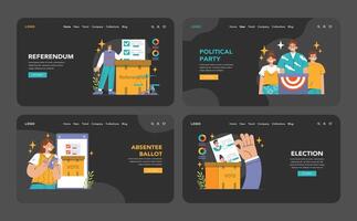Election web or landing dark or night mode set. Democratic procedure vector