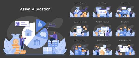 Asset Allocation set. Strategic investment planning and wealth growth vector