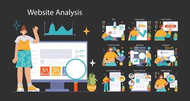 Website analysis dark or night mode set. Conversion rate and traffic analysis vector