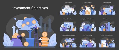 Investment objectives set. Financial goals through asset analysis, vector