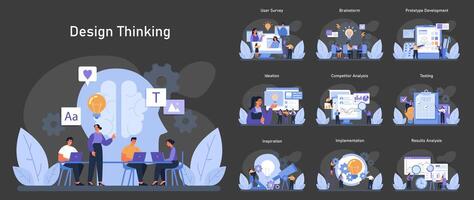 Design Thinking dark or night mode set. Innovative solution finding vector