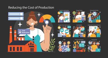 Reducing the cost of production dark or night mode set. Automatization vector